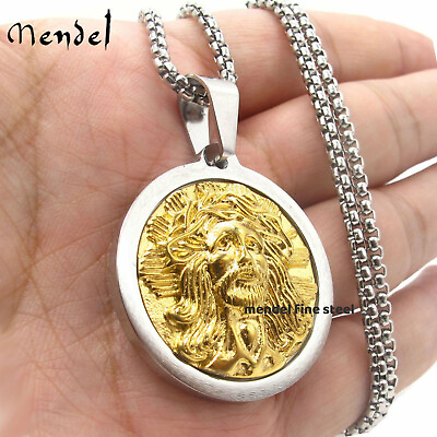 #ad MENDEL Mens Gold Plated Jesus Head Face Pendant Necklace Stainless Steel For Men
