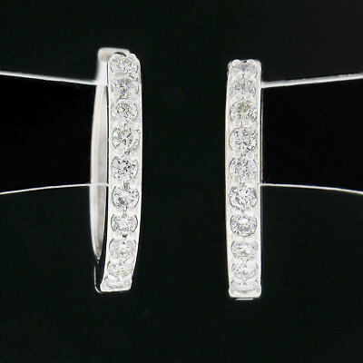 #ad NEW 14k White Gold Shared Prong Round Diamond 13mm Petite Huggie Hoop Earrings
