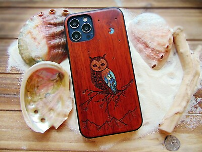 Owl design wooden phone case with abalone inlay