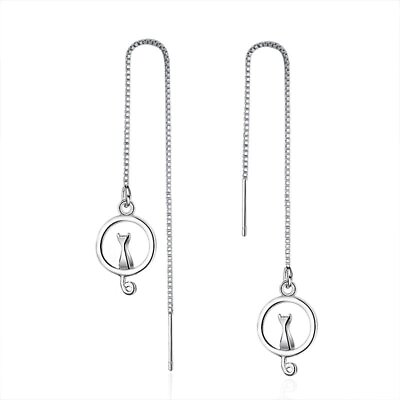 #ad 2024 925 Silver Cat Long Tassel Chain Drop Earrings Line Womens Party Jewellery