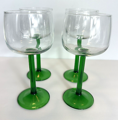 #ad #ad Set 4 Luminarc Wine Glasses Emerald Green Stem VTG 70s Hock 7” Made in France