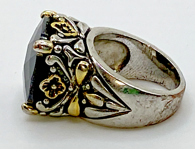 #ad Mixed Gold and Silver Tones Cocktail Ring Black Faceted Onyx Size 6