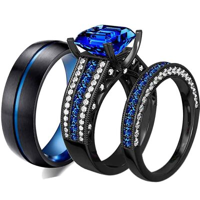 Couple Rings Titanium Steel Mens Ring Band Blue CZ Women#x27;s Wedding Ring Sets