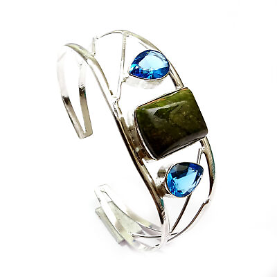 #ad Unakite Blue Quartz Gemstone Ethnic Handmade Jewelry Bangle Cuff Bracelet m134