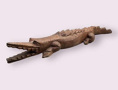 #ad Vintage Hand Carved Alligator Reptile Gator Solid Wood Sculpture Large 19in”
