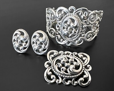 #ad Ornate Scroll Vtg Design Sterling Silver Earrings Brooch Pin Cuff Bracelet Set