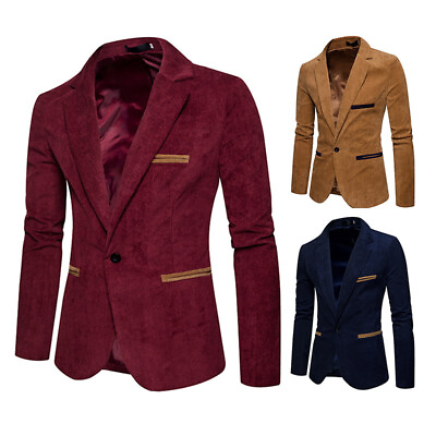 #ad Mens Jacket Tops Lapel Blazer Velvet Outwear Slim One Button Casual Long Sleeve