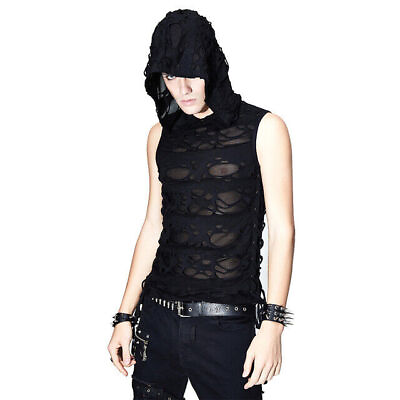 #ad Gothic Steampunk Men See Through Straps Side Vest Black Sleeveless Tops with Hat
