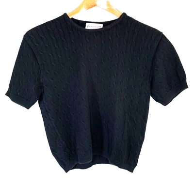 Pendleton Women#x27;s Black Cable Knit Sweater Cotton Short Sleeve Small petite USA