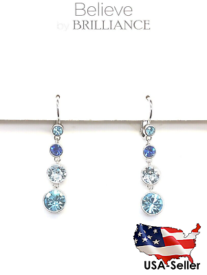 Believe By Brilliance Fine Silver Plated Genuine Crystal Earrings 4 stones blue