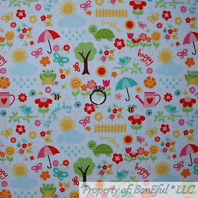 #ad BonEful FABRIC FQ Cotton Quilt White Pink Blue Spring Easter Flower Butterfly US