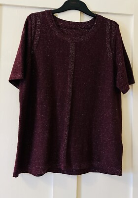 #ad Mamp;S Mulberry Gold Sparkle Knit Easy Wear Short Sleeve Jumper UK12