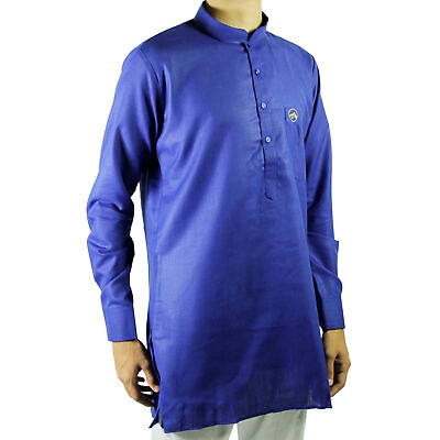 #ad Hijaz Men#x27;s Blue Modern Casual Cotton Short Asian Kurta Shirt With Accent Cuffs