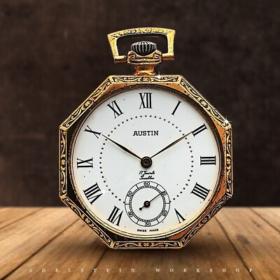 SWISS Austin Octagon Gold Plated Engraved 17 Jewel Pocket Watch 6497