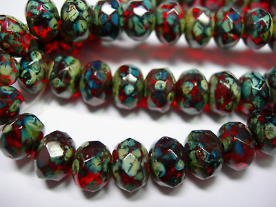 25 8x6mm Ruby Red Travertine Czech Fire polished Rondelle beads