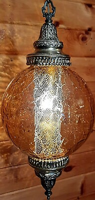 Vtg Antique 1960#x27;s 70#x27;s Retro MCM Amber Crackle Glass Hanging Swag Lamp Light