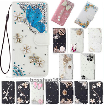 #ad Girly Wallet Leather Phone Case Bling Diamonds Women Sparkly Cover for ZTE Nokia