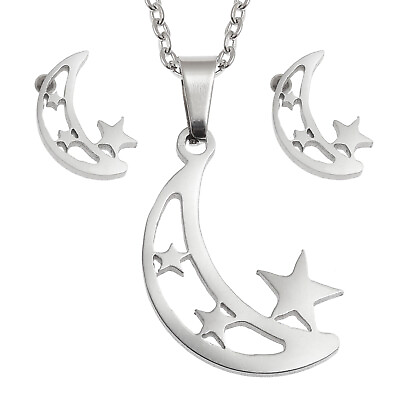 #ad Crescent Moon and Stars Pendant amp; Earring Set in Stainless Steel Gift Boxed
