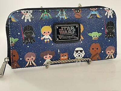 Loungefly Wallet Star Wars Baby Character Allover Blue Print Zip Around 8x4” EUC