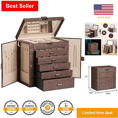 #ad Luxury All in One Jewelry Box with Mirror and 5 Drawers PU Leather Storage