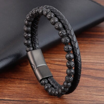 #ad Men#x27;s Lava Rocks Stone Handmade Braided Leather Bracelet Magnetic Clasp Bangle