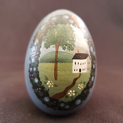 #ad Folk Art Wood Egg House Landscape Hand Painted Signed Jo Irwin 1990 2½quot;T Vintage