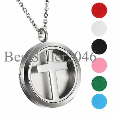 #ad Cross Essential Oil Diffuser Perfume Locket Necklace Stainless Steel Pendant 18quot;