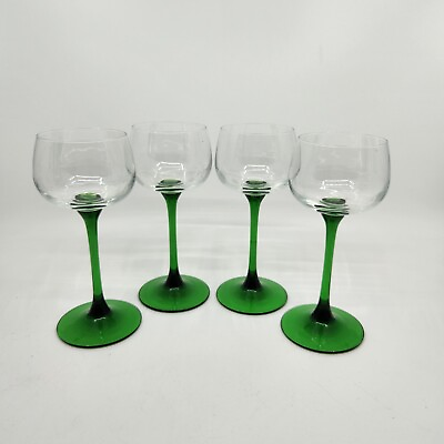 #ad #ad Set 4 Vintage Luminarc Rhine Wine Glasses Emerald Green Flared Stem France