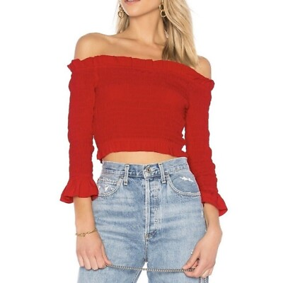 #ad Lovers Friends Red Smocked Off The Shoulder Ruffle Detail Hampton Top Size M