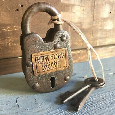 New York Insane Asylum Working Cast Iron Lock W 2 Keys W Rusty Antique Finish