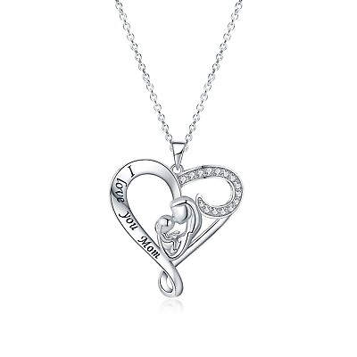 #ad I Love You Mom CZ Love Heart Pendant 925 Sterling Silver Mother Child Necklace