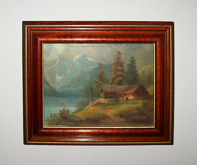 Old Antique Vtg 19th C 1800s Oil Painting Mountain Cabin Oil Board 7.75 X 9.25