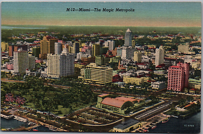 Miami FL Florida Magic Metropolis City Scape Buildings Linen Vintage Postcard