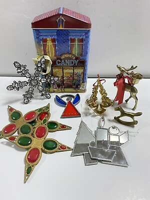 #ad Vintage Christmas Ornament Lot Brass Deer amp; Rocking Horse Tin Stained Glass