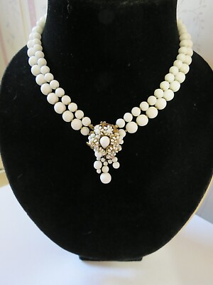 #ad Rare Eugene Double Strand Glass Necklace Pendant Cluster Flowers Rhinestones