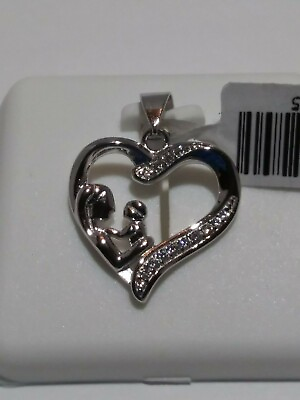 #ad .925 STERLING SILVER PAVED CZ HEART PENDANT Mom amp; Child cubic zirconia 18x24mm