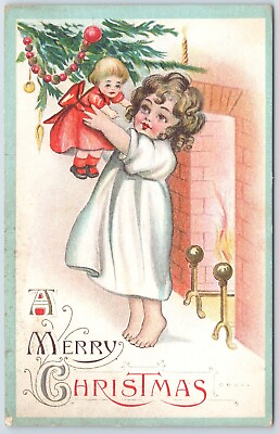 #ad #ad Christmas Beautiful Child With Doll at Tree Samsom Bros 1913