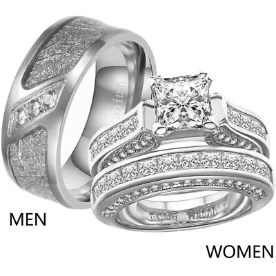 Couple Rings Titanium Steel Mens Band CZ White Gold Filled Women#x27;s Wedding Ring