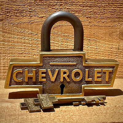 #ad Chevrolet Large Brass Lock W Keys Chevy Logo Advertising Antique Finish