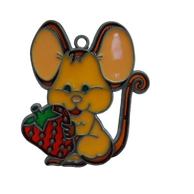 #ad Vintage Stained Glass Suncatcher Ornament Mouse amp; Strawberry 4 1 2 inches