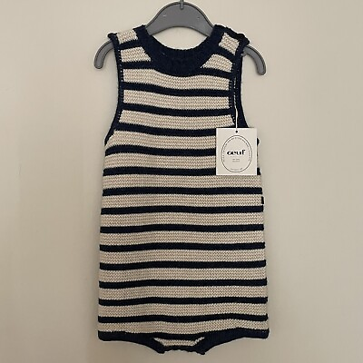#ad Oeuf blue white striped knit baby alpaca Tank Romper Size 24 Months NWT $128