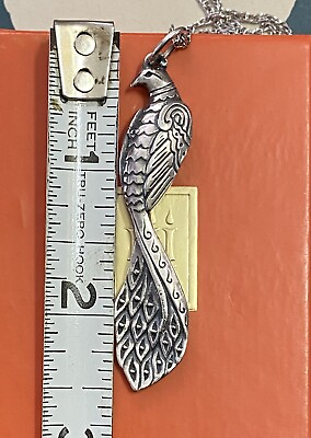 #ad Retired James Avery Sterling Silver Long Detailed Regal Peacock Pendant Necklace
