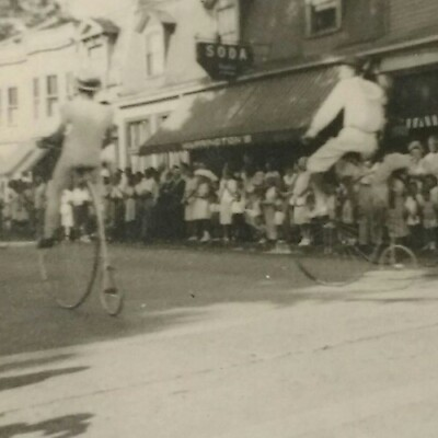 #ad Vintage Photo High Wheel Bicycle Penny Farthing At Parade Bamp;W Old Snapshot