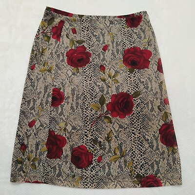 #ad Express Womens Line Skirt Size M Brown Black Red Floral Animals Elastic Waist