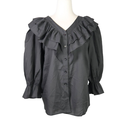 #ad #ad Vintage 70s black frilly ruffle button down top M