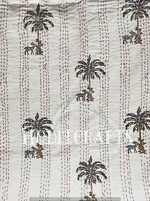 #ad Palm Tree Art Kantha Quilt Indian Cotton Bedspread Handmade Quilt Throw Blanket