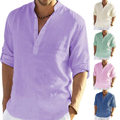 Mens Long Sleeve Tops Linen Shirt Blouse Shirt Casual Workwear Loose Solid Color