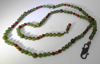 Antique Top Quality Chinese Jade Necklace Silver 26quot; Green Translucent amp; Red OH