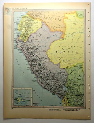 #ad 1952 Vintage PERU amp; ECUADOR Antique Atlas Map Ency Britannica World Atlas