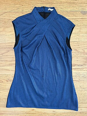 #ad KAREN MILLEN Womens sz 4 black blue braided blouse top